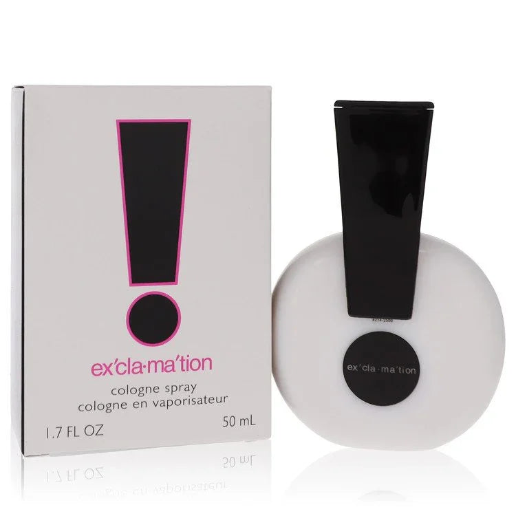 Exclamation point cologne spray bottle and packaging on a white background