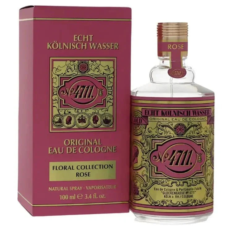 4711 Floral Collection Rose Cologne signature luxury glass flacon showcasing its premium traditional label detailing, clear architectural boundaries, and elegant soft rose gold details