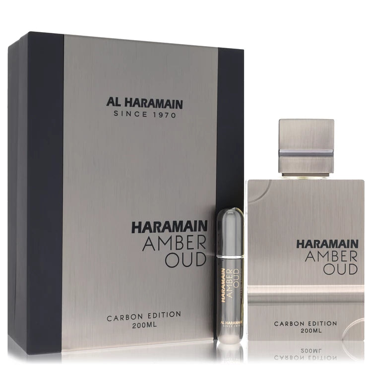 Al Haramain Amber Oud Carbon Edition Perfume bottle — aromatic woody unisex fragrance with bergamot, lavender, rosemary, sea notes, amber, cedar, moss, and vetiver