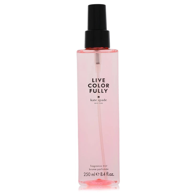 Pink bottle of 'Live Color Fully' fragrance mist by Kate Spade on a white background