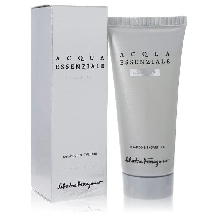 Salvatore Ferragamo Acqua Essenziale shampoo and shower gel with packaging on a white background
