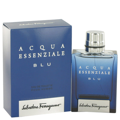 Salvatore Ferragamo Acqua Essenziale Blu cologne bottle — Aromatic aquatic men's fragrance with bergamot, lavender, and ambroxan notes