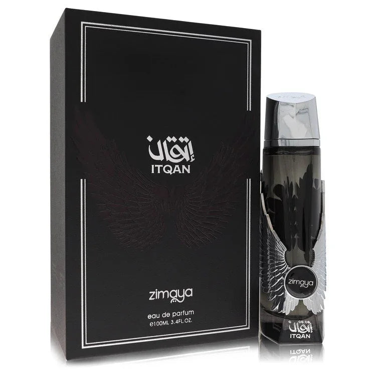 Zimgya Itqan eau de parfum bottle and packaging on a white background