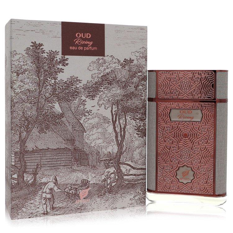 Perfume packaging with nature-themed design and intricate patterns