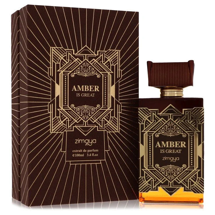 Perfume bottle and packaging with 'Amber is Great' branding on a white background