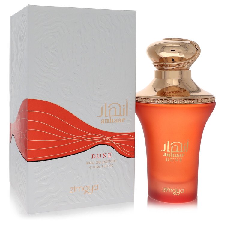 Afnan Zimaya Anhaar Dune bottle — woody oriental musky perfume with bergamot, lemon, rose, oud, and vanilla notes.