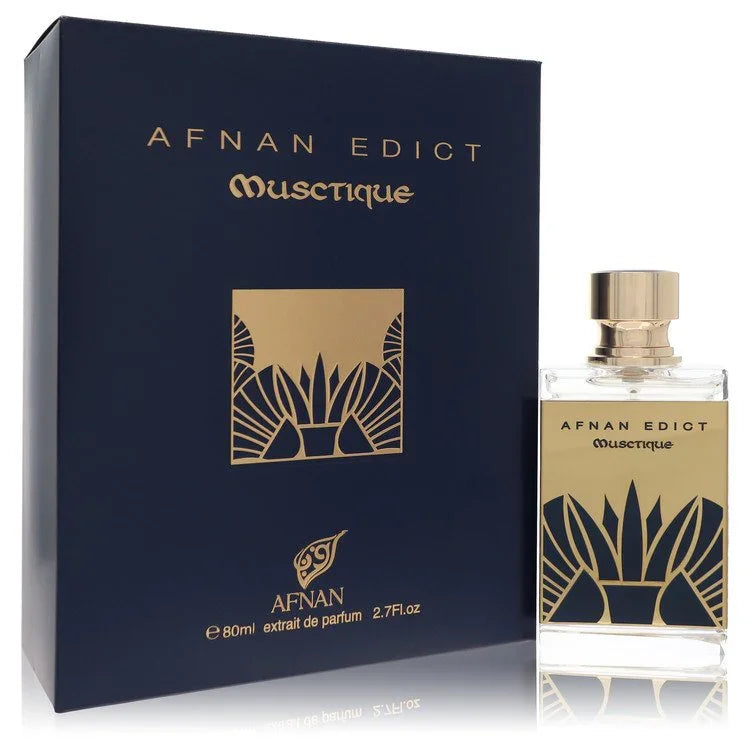Afnan Edict Musctique perfume bottle and packaging on a white background