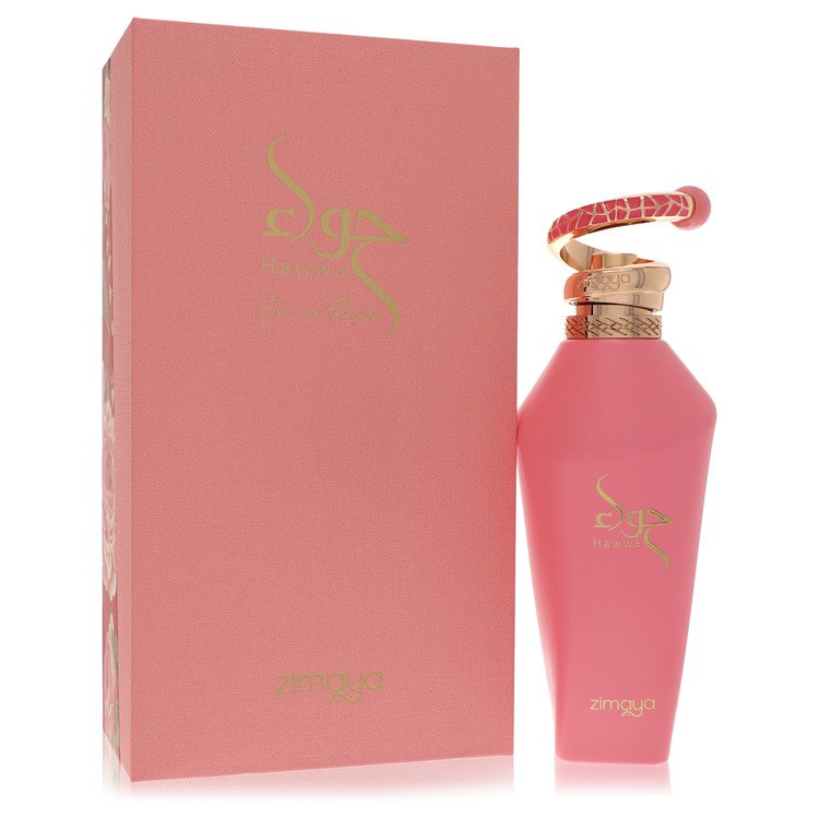 Afnan Zimaya Hawwa Pink bottle — floral oriental perfume with bergamot, pink pepper, rose, jasmine, and vanilla notes.