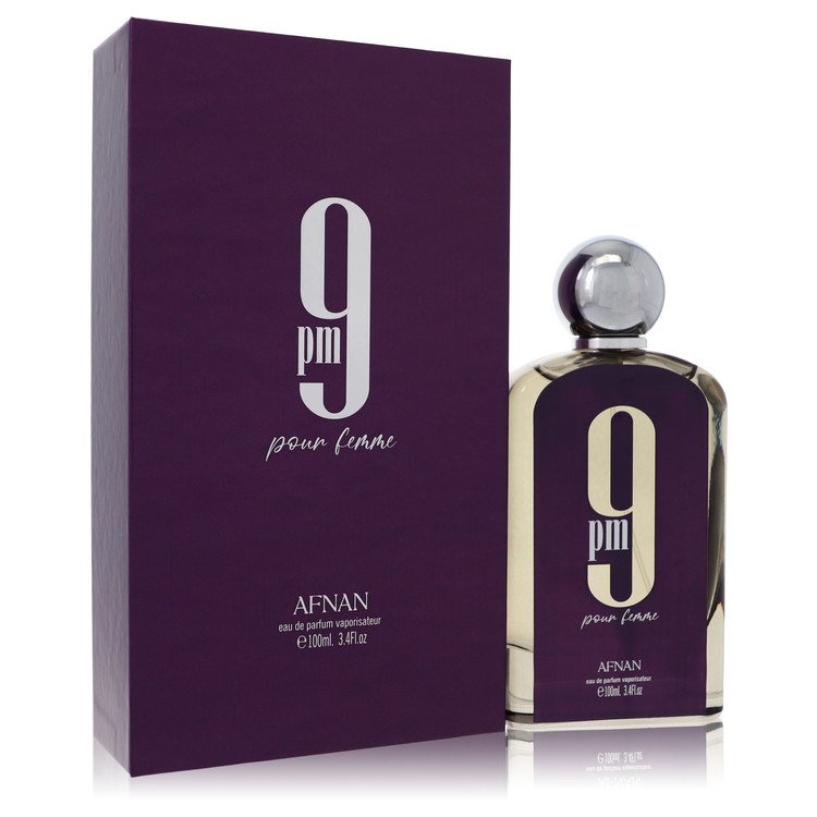 Afnan 9 pm pour femme perfume bottle and packaging on a white background