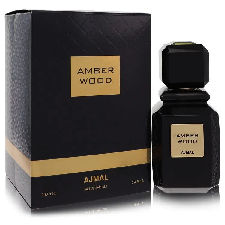 AJMAL Amber Wood perfume bottle and packaging on a white background