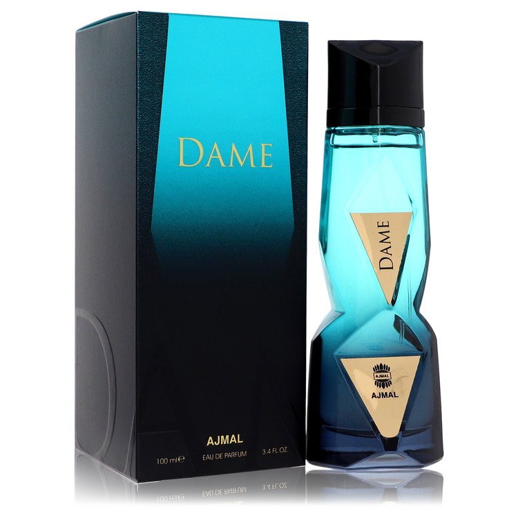 Blue perfume bottle and packaging with 'Dame' branding on a white background