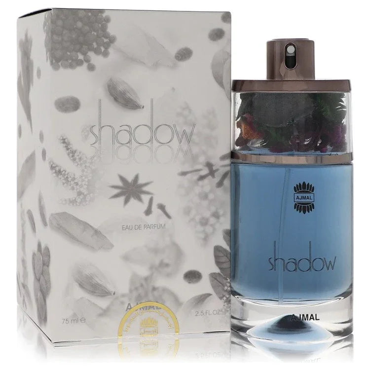 Perfume bottle and packaging with 'shadow' branding on a white background
