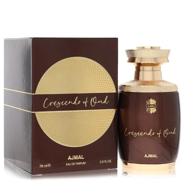 AJMAL Crescendo of Oud perfume bottle and packaging on a white background