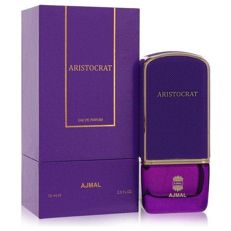 Purple Ajmal Aristocrat perfume bottle and packaging on a white background