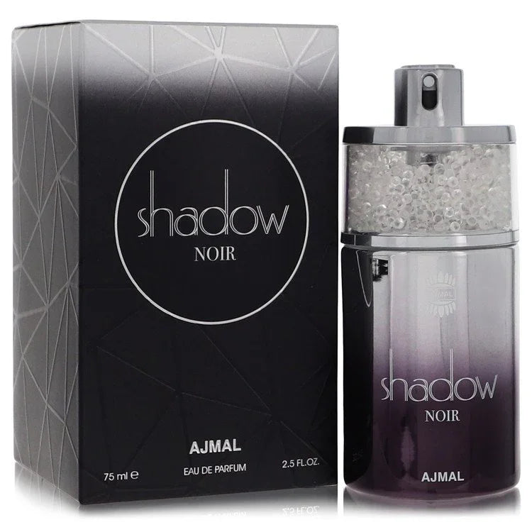 Ajmal Shadow Noir Perfume signature luxury dark glass flacon showcasing its sleek architectural contours and premium labeling work on a solid background