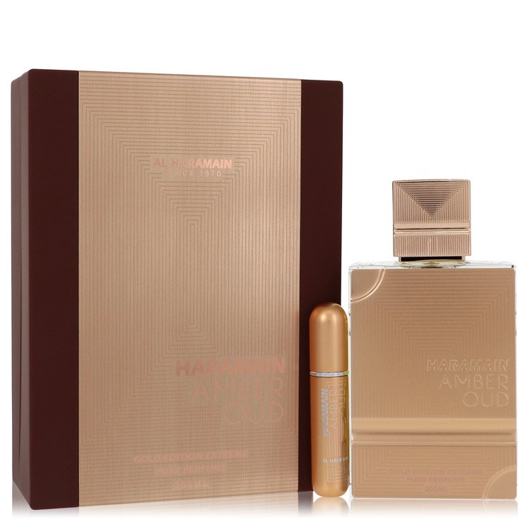 Harrods Amber Oud perfume set with a brown box and bottles on a white background