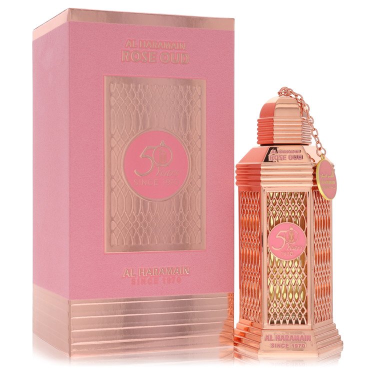 Rose gold perfume bottle and packaging with intricate design on a white background