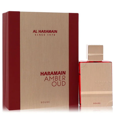 Haramain Amber Oud Rouge perfume bottle and packaging on a white background