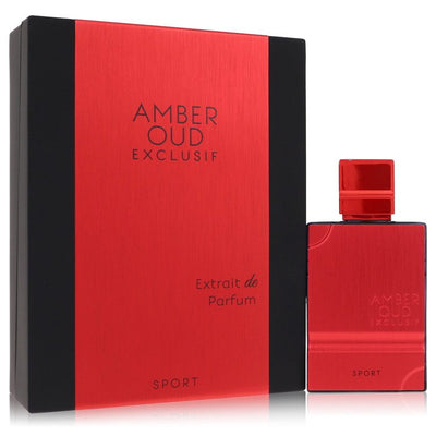 Al Haramain Amber Oud Exclusif Sport red bottle with saffron, jasmine, ambergris, musk and white cedar