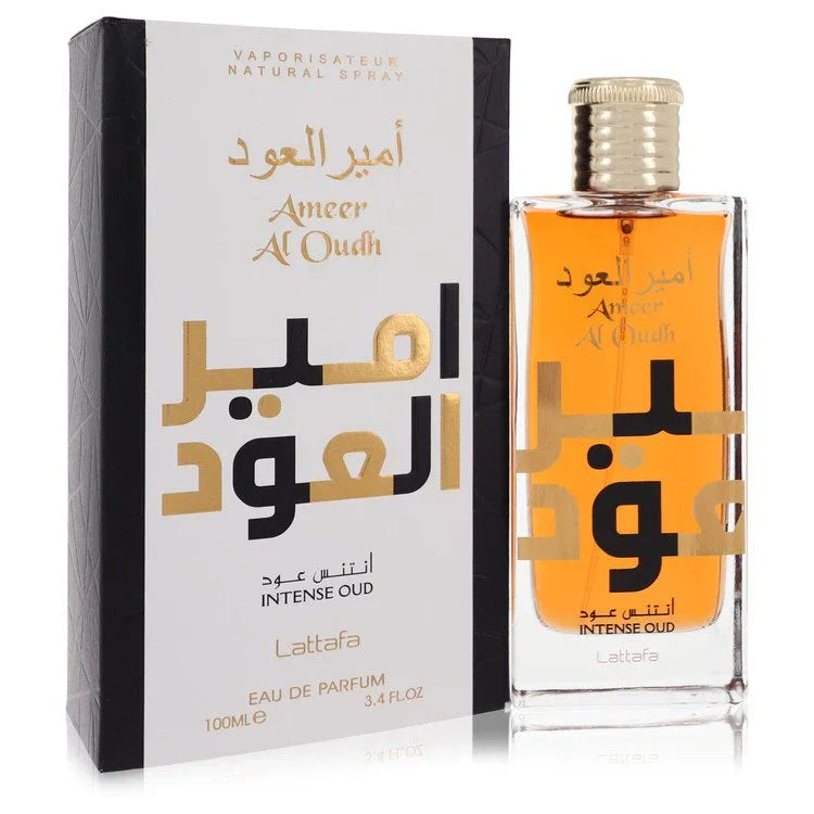 Lattafa Ameer Al Oudh Intense Oud Eau de Parfum bottle — luxury unisex woody oriental fragrance featuring deep notes of smoky oud, spicy accords, and warm amber