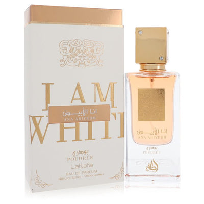 Lattafa Ana Abiyedh I am White Poudree Eau de Parfum bottle in minimalist square glass — powdery clean fragrance with florals, vanilla, and leather.