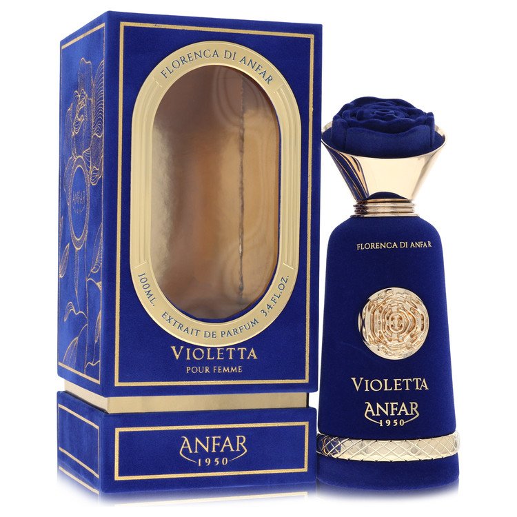 Anfar Violetta luxury perfume bottle highlighting a refined structure and modern artistic design — a captivating floral aromatic fragrance blending bergamot, lemon, fresh violet, lavender, amber, and cedar notes