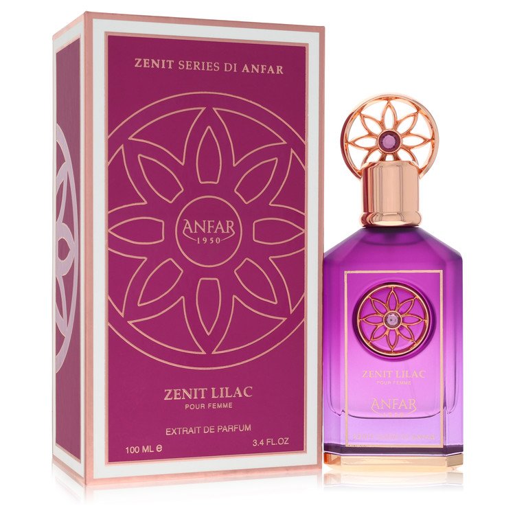 Anfar Zenit Lilac luxury perfume bottle showcasing a refined structure and modern feminine design — an elegant floral fruity fragrance blending fresh lilac, premium blossoms, and clean musk notes