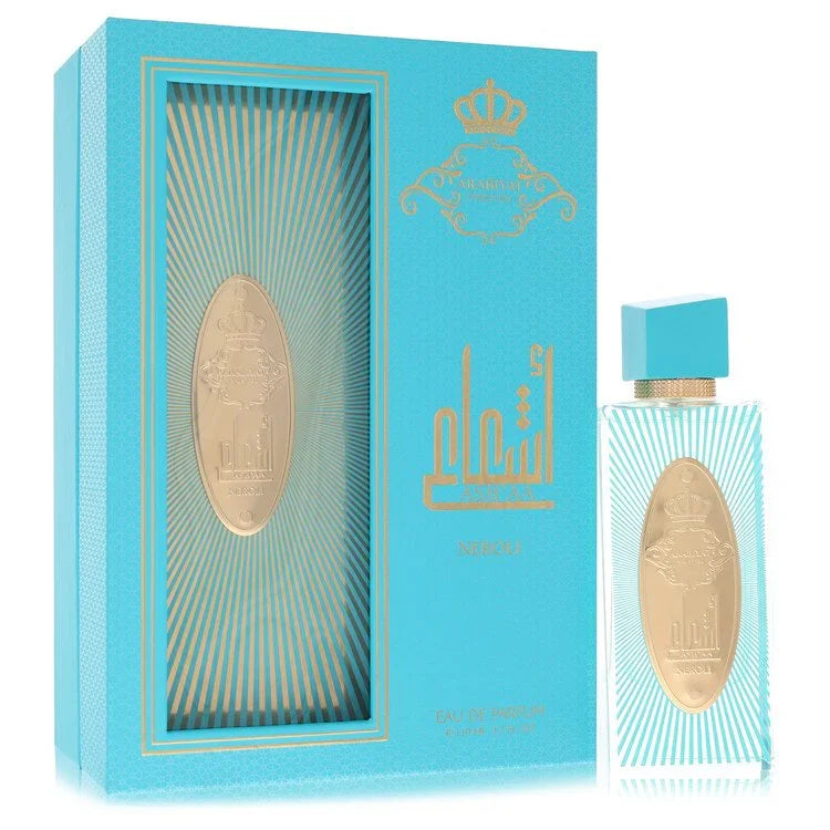 Perfume bottle and packaging with gold emblem on a white background
