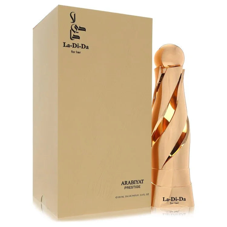Gold perfume bottle and packaging with 'La-Di-Da' branding on a white background