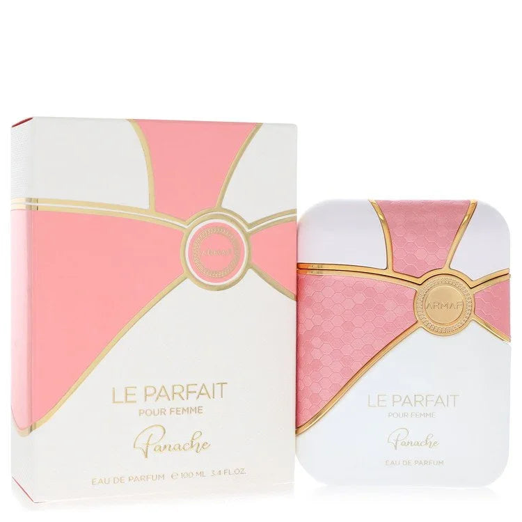 Parfum packaging with pink and white design on a white background