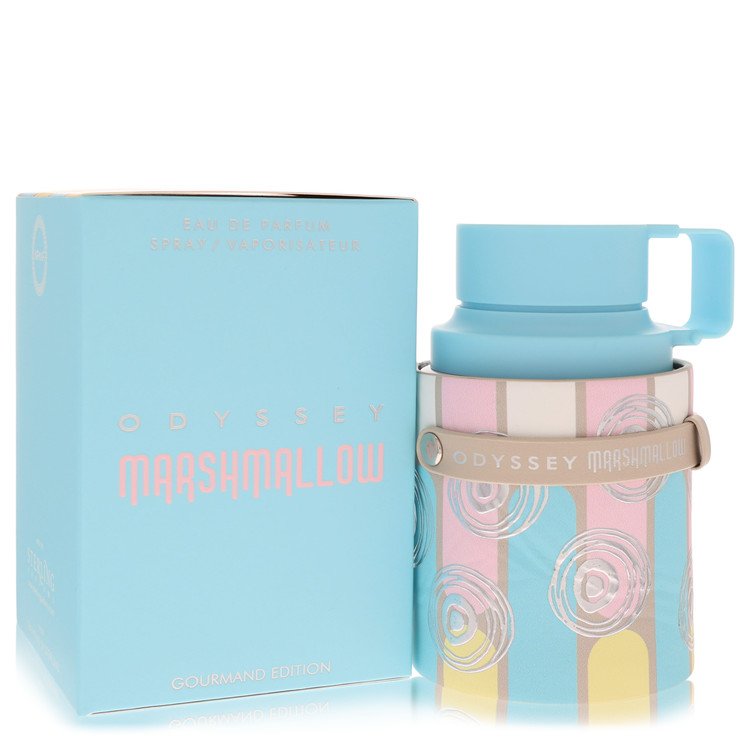 Light blue mug with patterned sleeve and matching box labeled 'Odyssey Marshmallow' on a white background