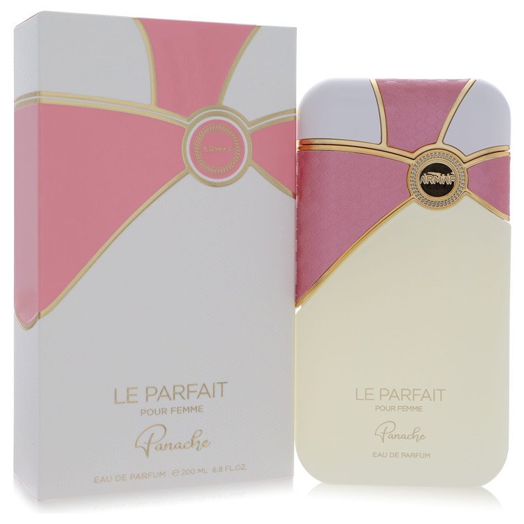 Perfume bottle and packaging of 'Le Parfait' with pink and gold design on a white background