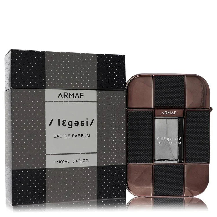 Armaf Legesi Cologne bottle and box in dark metallic geometric design for men