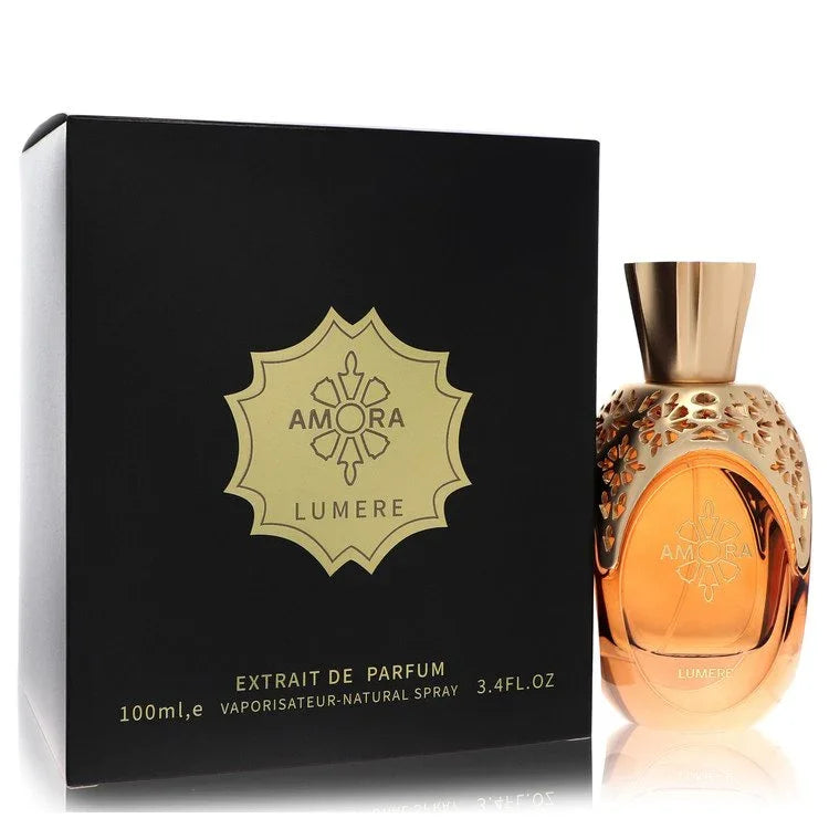 Amora Lumere perfume bottle and packaging on a white background
