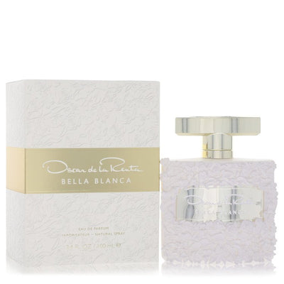 Bella Blanca perfume bottle by Oscar De La Renta — white floral fragrance for women with pear, lily of the valley, green notes, jasmine sambac, tuberose, orange blossom, white rose, dewy muguet, musk, white iris, sandalwood, ambrox, peach skin musk, and cashmere musk notes