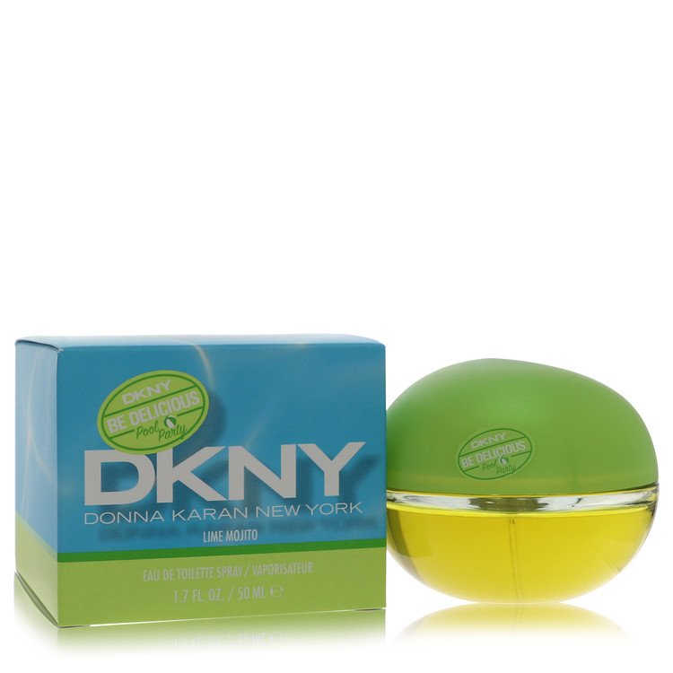 Green DKNY perfume bottle with packaging on a white background
