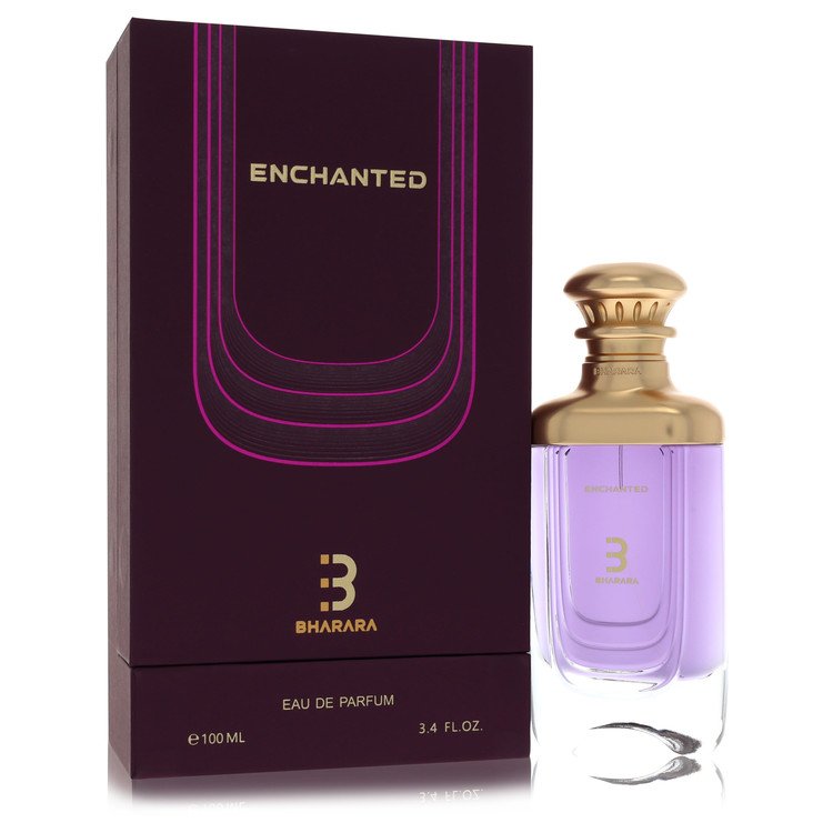 Bharara Enchanted Eau de Parfum bottle — floral fruity women's perfume with red apple, water lily, wild berries, jasmine, rose, orchid, sandalwood, amber, and vanilla notes.