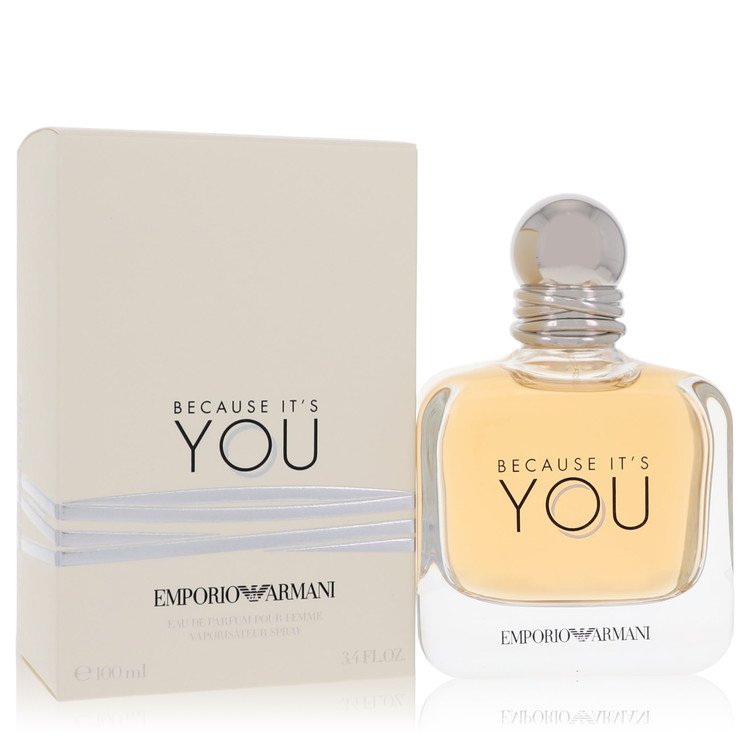 Emporio Armani perfume bottle and packaging with 'Because It's You' text on a white background