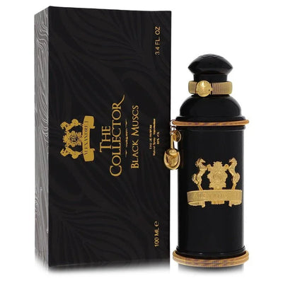 Black and gold perfume bottle with packaging labeled 'The Collector Black Musc' on a white background