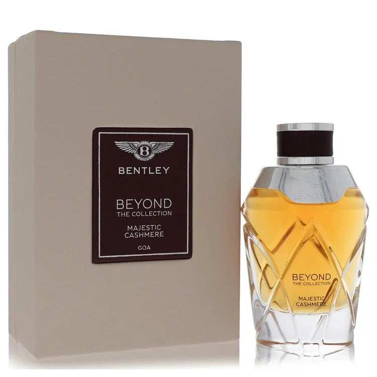 Bentley Beyond The Collection Majestic Cashmere perfume bottle and packaging on a white background