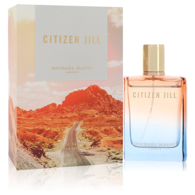Michael Malul Citizen Jill Eau de Parfum bottle in clear glass with metallic cap — floral fruity fragrance with green Anjou pears, jasmine, and vanilla.