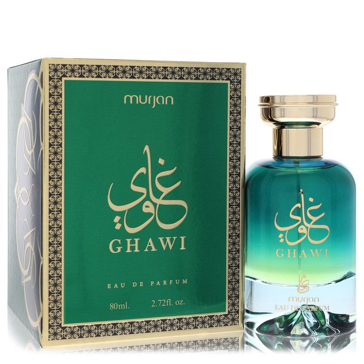 Ghawi perfume bottle and packaging with gold and green design