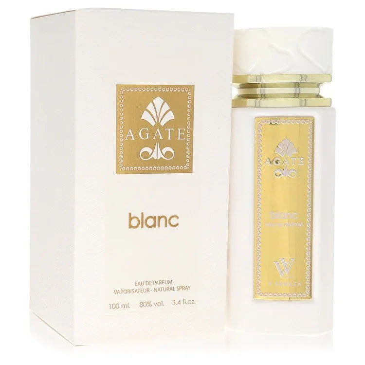 Agate blanc perfume bottle and packaging on a white background