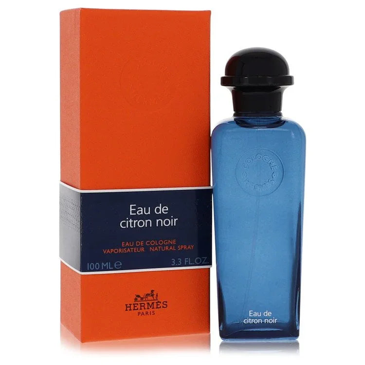 Hermes Eau De Citron Noir luxury cologne bottle showing a deep midnight-blue structure design — a unique unisex citrus woody fragrance showcasing zesty lemon, lime, black lime, black tea, and smoky wood accords