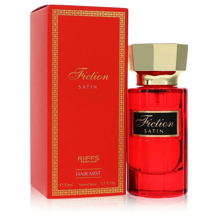Red hair mist bottle with gold cap and matching box labeled 'Fiction Satin' on a white background