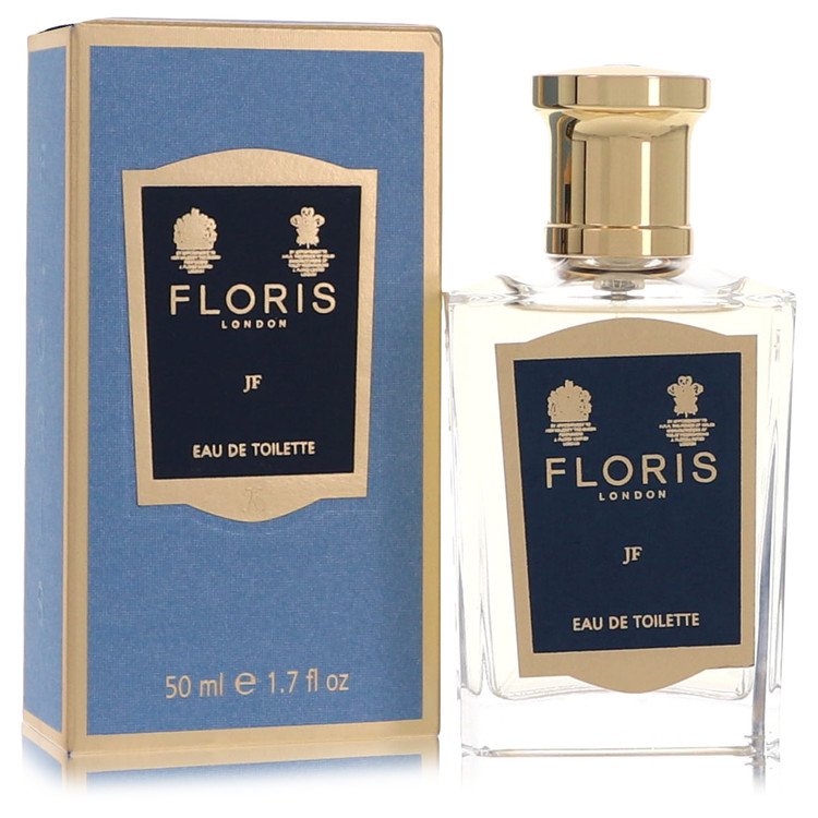 Floris JF Cologne signature luxury architectural heavy glass flacon displaying its premium fluid contours, historic typographic brand framing lines, and elegant capping architecture elements against a clean backdrop