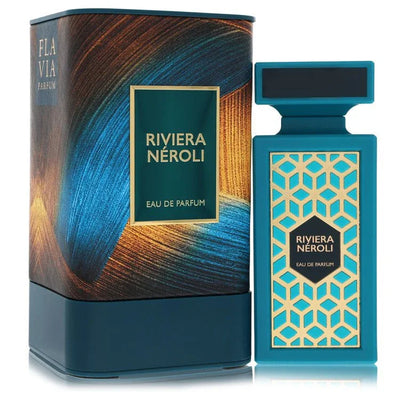 Flavia Riviera Neroli Cologne signature luxury geometric glass flacon displaying its premium vibrant contents, precise label branding boundaries, and elegant capping details against a clean backdrop