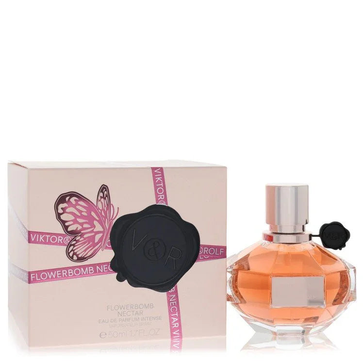 Viktor and Rolf Flowerbomb Nectar Intense Perfume signature luxury diamond flacon showcasing its deep rose-gold liquid contours on a clean background