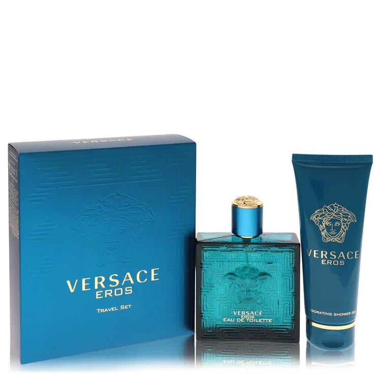 Versace Eros travel set with blue bottle, box, and shower gel on a white background