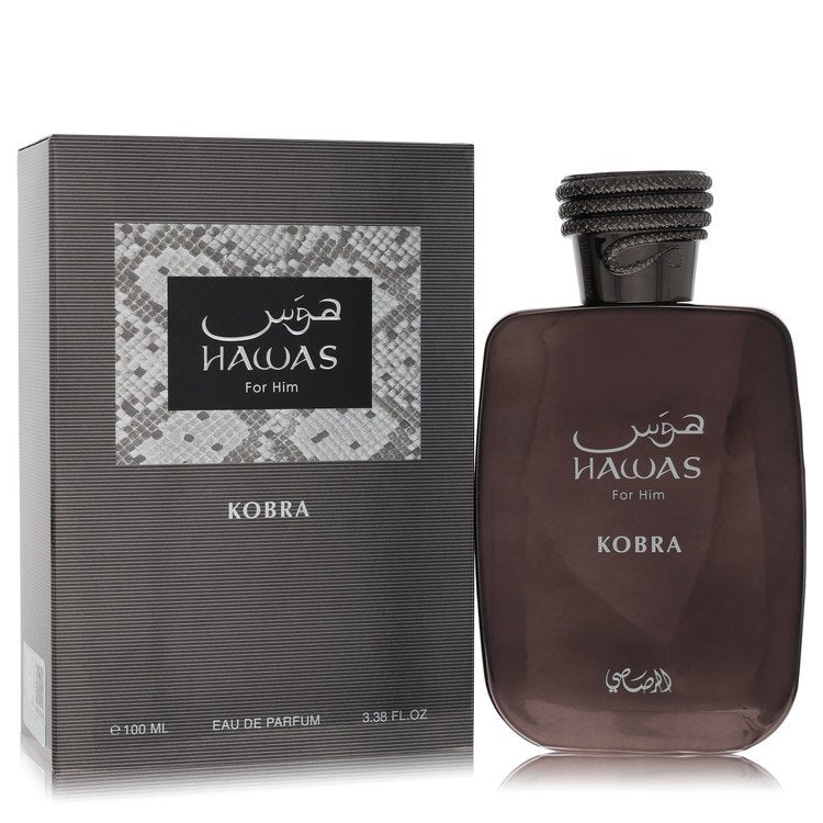 Hawas Kobra cologne bottle for men by Rasasi — Aromatic aquatic woody fragrance with grapefruit, bergamot, sea notes, violet, lavender, iris, ambergris, musk, vetiver, and woody notes